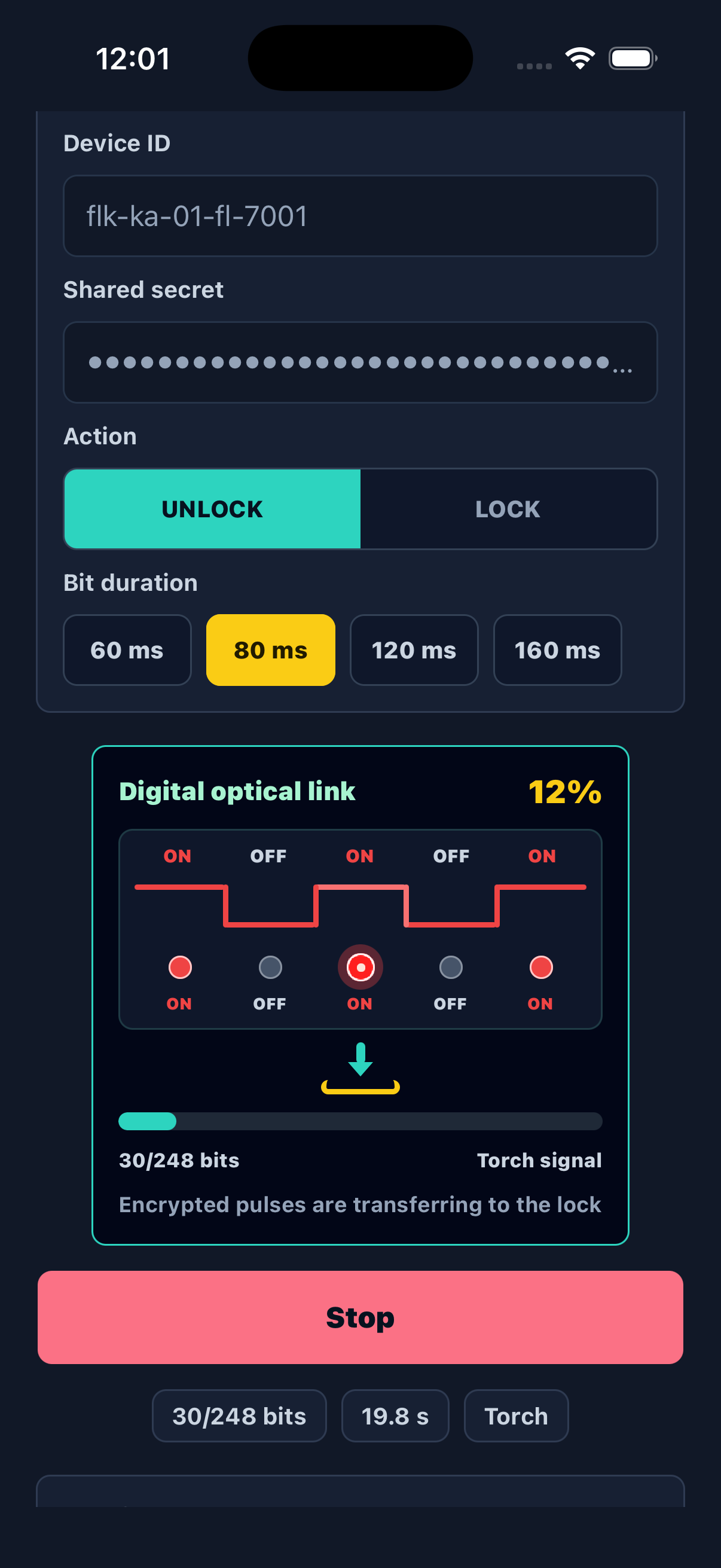 FlashKeyLock mobile app transferring an encrypted optical key